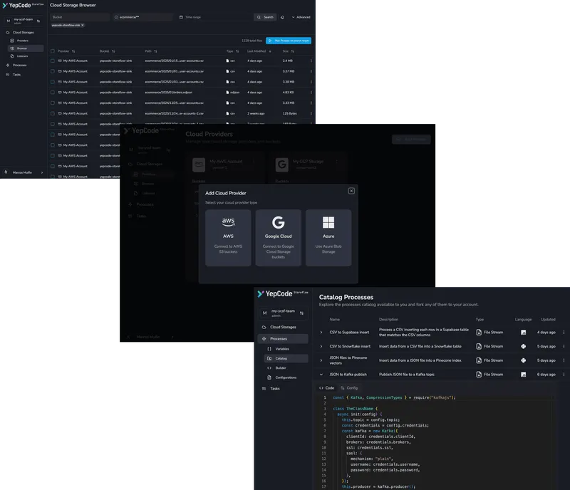 YepCode Storeflow is a unified platform to simplify cloud storage management. Advanced files search, monitor changes, and execute serverless functions across AWS S3, Google Cloud Storage, and Azure Blob.